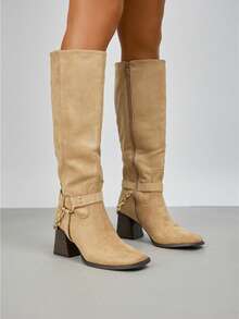 fandelle Stivali alla coscia casual alla moda con tacco chunky - Cachi - Visualizzare 4