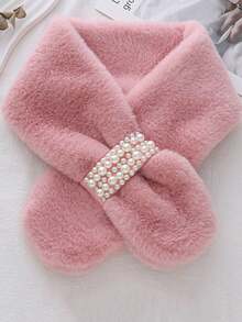 1件装女士保暖毛绒交叉珍珠加厚多功能围脖，冬季连衣裙适用