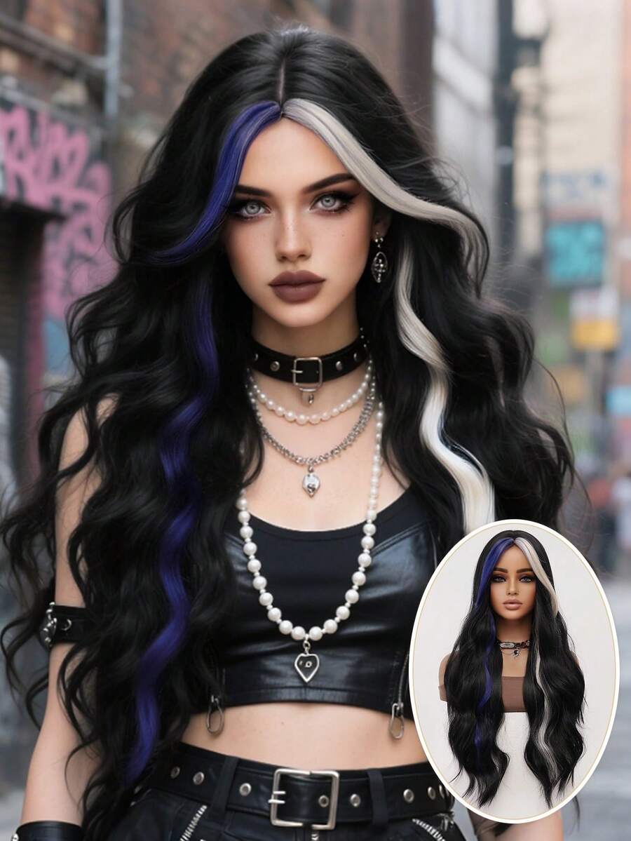clouder Black Highlighted Blue And Gold Extra Long Curly Wig 30 Inch Cosplay Wig Halloween Christmas Wig Elegant Soft Matte Hair Loose Curls Casual Outing Street Punk Wig Rock Wig Fluffy Natural Cool Girl Synthetic Heat-Resistant Fiber Wig Suitable For Women Daily Party Wig Music Festival Wig Avant-Garde College Style Wig Modern Fashion Gothic Wig - 彩色 - 查看 1