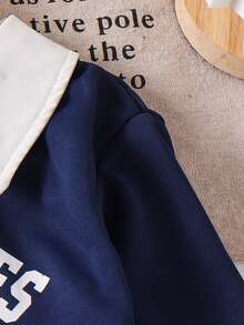 2 件套女童休闲学院风字母印花翻领运动衫和百褶裙套装，春秋季 - 藏蓝色 - 查看 5