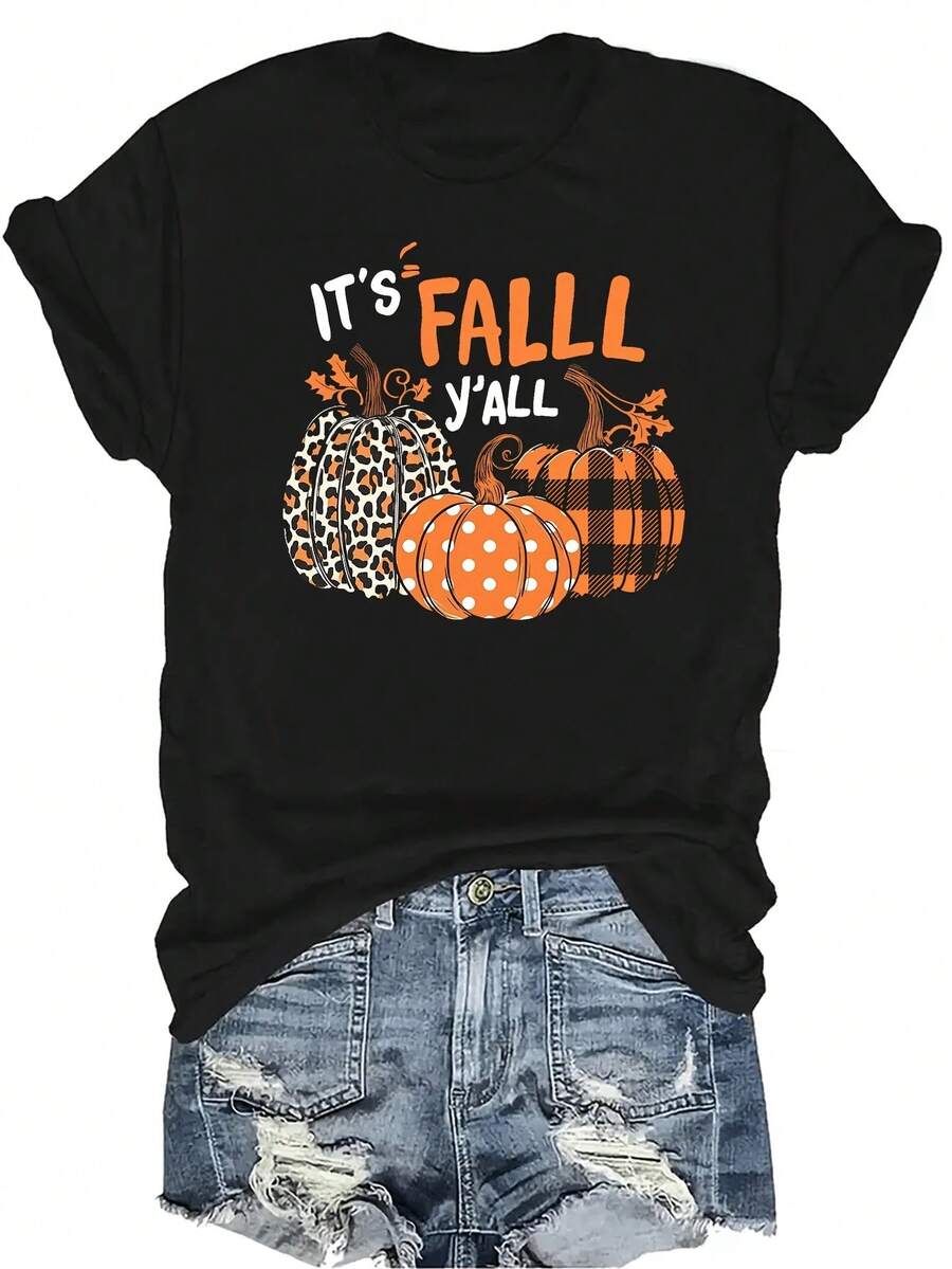 [Camiseta de Moda Casual] Camiseta de mujer suave y cómoda - Parte superior de manga corta de cuello redondo con estampado de calabazas de otoño, regalo perfecto para la abuela y la mamá, uso casual de primavera y verano - Negro - Ver 1