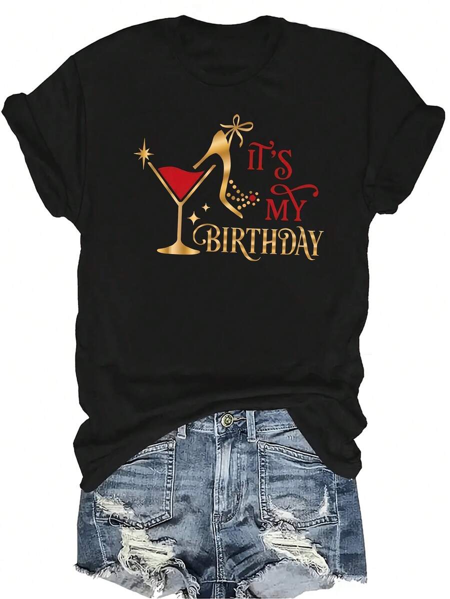 [Camiseta de moda casual] Camiseta suave y cómoda para mujer - Zapato de cumpleaños Glamour Cóctel Casual Manga corta Cuello redondo, regalo perfecto para la abuela y la mamá, uso casual de primavera y verano - Negro - Ver 1