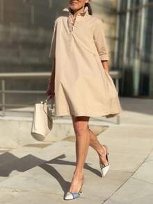 Women's Casual Loose Solid Color Woven Fabric Drawstring Button Closure Dress, Daily Wear Elegant Summer - Apricot - View 4