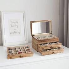 Meangood Jewelry Box Organizer For Women, 3 Layer Large Jewelry Storage Case, Rustic Wooden Jewelry Box With Mirror & Ring Tray For Necklace Earring Bracelets Rings, Vintage Style (Carbonized Black) - 3 lớp than đen - Xem 2