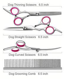 Juego de tijeras redondeadas profesionales + tijeras aserradas con forma de espina de pescado para aseo de mascotas, tijeras para cortar el pelo de mascotas - Rosa - Ver 2