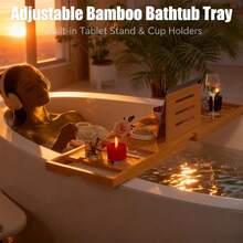 Retractable Bamboo Bathtub Caddy,Bathroom Caddy For Bathside Entertainment & Storage,Bathroom Tray For Tub Side Dining & Device Viewing, Minimalist Look