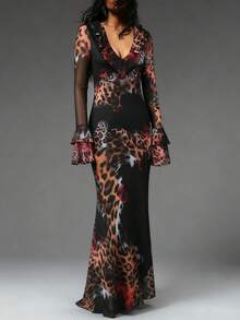 Women's Ruffle Front Pleated Sleeve Leopard Rose Print Fitted Sexy Maxi Dress - Black - View 4