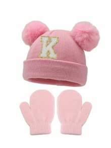 2 Stücke/Set gestrickte Mützen & Handschuhe Baby A-Z Buchstaben gestrickte Mützen mit rosa Handschuhen Baby Mädchen Hut Kinder Beanie Mütze Säuglings Zubehör Kinderhüte Elastisch 0-3J Baby Mädchen Junge Hut