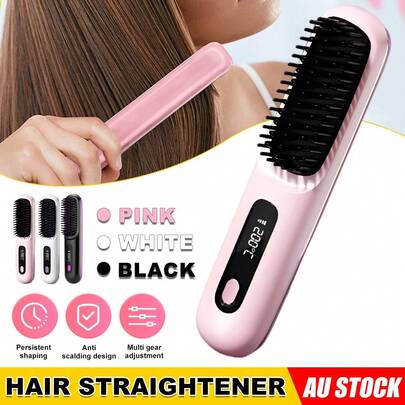 Mini Hair Styler Cordless - Hair Straightener Brush Travel Portable Negative Hot Comb Ceramic Rechargeable Fast Heating 45min 200℃ Negative Ions LCD Display 2500mAh