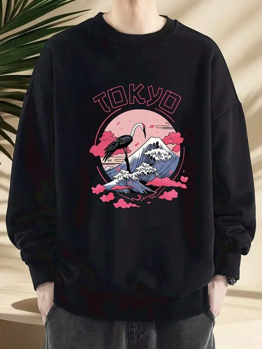 Men's Heavyweight Crewneck Sweatshirt - Japanese Tokyo Graphic Pullover Hoodless Sweater, Black With Pink Accents, Loose Fit Streetwear For Fall-Winte,Fall Hoodies,Men's Fall Clothes,Street Wear,Halloween,Mens Hoodies,Y2k Clothes,Jesus Hoodie,Thanksgiving Day,Nightmare Before Christmas,Christmas - Black - View 1
