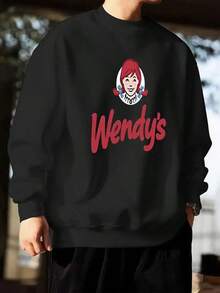 Men'S Navy Blue Crewneck Sweatshirt - Casual Pullover Sweater With Wendy'S Graphic, Regular Fit Everyday & Formal Outfits, Autumn Winter Clothing For Men, Sweater For Working Out, Leisure Wear, Playful Design,Fall Hoodies,Men's Fall Clothes,Street Wear,Halloween,Mens Hoodies,Y2k Clothes,Jesus Hoodie,Thanksgiving Day,Nightmare Before Christmas,Christmas - Black - View 1