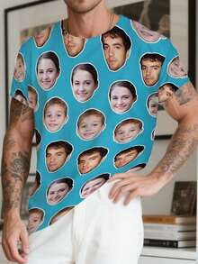 Customized Personalized Boyfriend Style Men's Loose Fit Short Sleeve T-Shirt, Can Print Your And Your Family's Photos, Designed Specially For Parties, Teams, Couples, Work Uniforms And Family Events - Blue - View 2