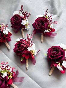 1 buc/6 buc flori artificiale Burgundy Rose mire butonieră bărbat frate corsaj absolvent Pin costum nuntă flori petrecere decorare Ziua Îndrăgostiților accesorii - Burgundia - Vizualizare 7