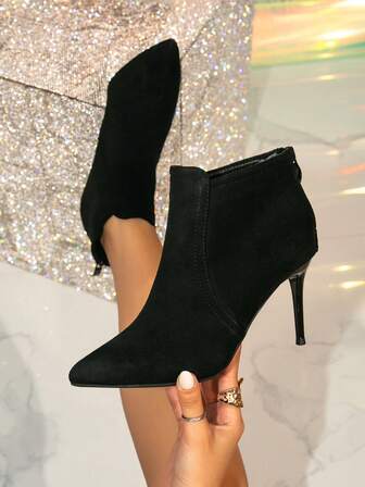 1 Pair Solid Color Fashion Back Zipper Stiletto High Heel Ankle Boots, Pointed Toe Women's Booties For Outdoor Winter