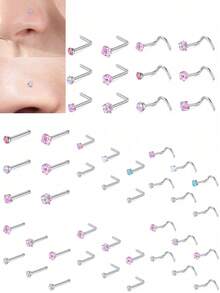 CIZME 6Pcs/Set Pink Nose Studs Nose Rings For Women 20G L Corkscrew Bone Nose Ring Nose Stud Stainless Steel Nose Screw Studs Nose Rings Studs Stainless Steel Nostril Nose Piercing Jewelry - Pink-a - View 7