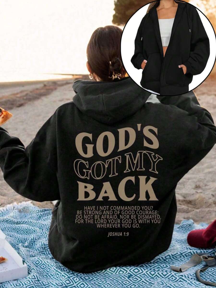 Mujer005-1 Sudadera con Capucha para Mujer Dios Me Protege - Cómoda Sudadera de Poliéster con Cordón y Frase Inspiradora, Lavable a Máquina, Perfecta para Otoño e Invierno - Negro - Ver 1