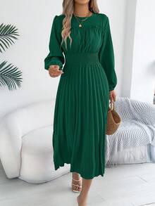 Spring Autumn Eleagant Ruffle Long Sleeve Pleated Maxi Dresses For Women Blue Green Khaki - 墨綠色 - 查看 3