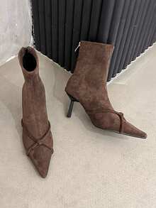 2025 Autumn/Winter New European & American Pointed Toe High Heel Ankle Boots, Slim Fit Patchwork Ankle Boots, Retro Brown Ankle Boots, Kitten Heels - Brown - View 3