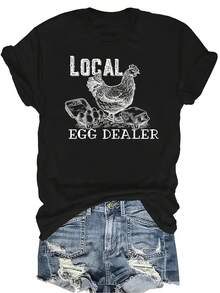 [Camiseta de moda casual] Camiseta de mujer suave y cómoda - Vendedora local de huevos Granja de pollos Fresca Casual de manga corta y cuello redondo, regalo perfecto para la abuela y la mamá, uso casual de primavera y verano - Negro - Ver 1