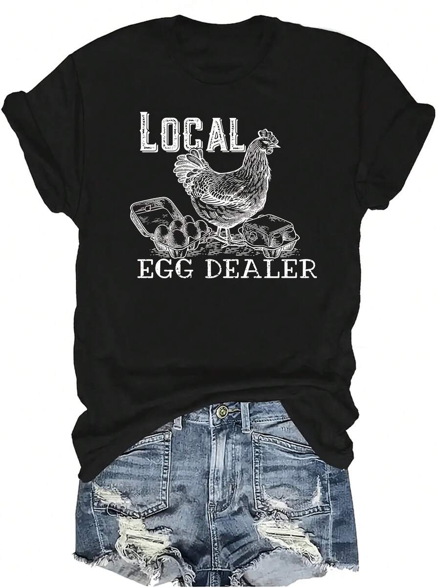 [Camiseta de moda casual] Camiseta de mujer suave y cómoda - Vendedora local de huevos Granja de pollos Fresca Casual de manga corta y cuello redondo, regalo perfecto para la abuela y la mamá, uso casual de primavera y verano - Negro - Ver 1