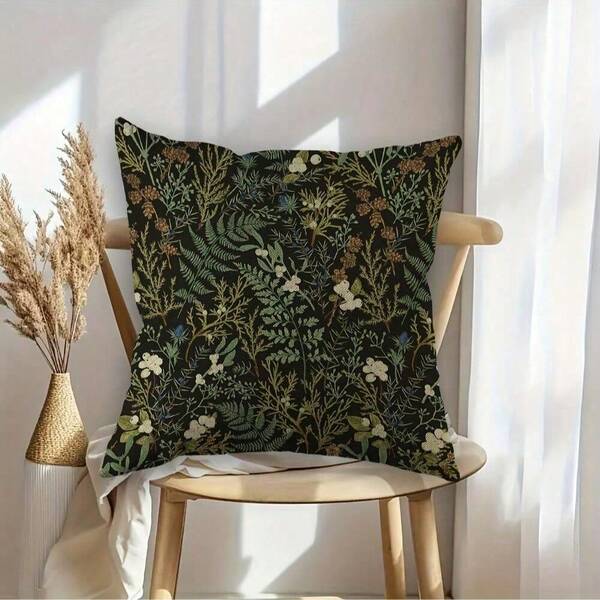 1 pièce Housse de coussin imprimée fleurs et plantes vertes en lin, style vintage. Housse de coussin décorative pour chaises de patio, canapé, sans insert de coussin