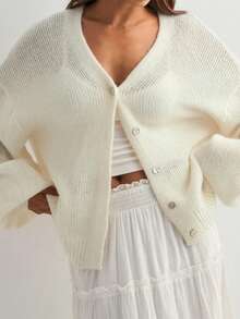 Women's Solid Color Long Sleeve Cardigan, Spring Fall Button Up Knit Sweater Lightweight Casual Open Front Coat - White - View 4
