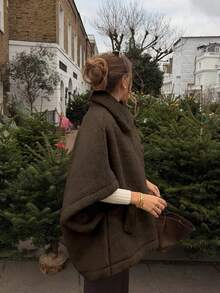 Chaqueta tipo poncho de mujer elegante y casual para uso diario y en casa, de unicolor, de forro polar suave con bolsillos y cremallera