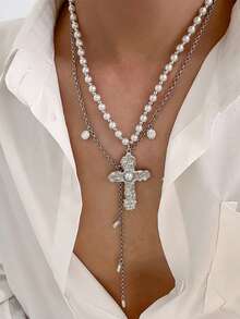 1pc Minimalist Vintage Cross & Pearl Layered Necklace, Fashion Statement Choker Necklace, Suitable For Party, Gathering, Daily Wear, Gift For Her