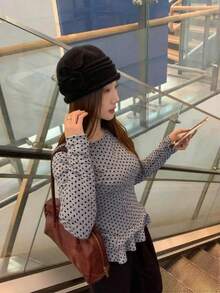 Women's Sweet Style White Polka Dot Long Sleeve T-Shirt, Ruffled Hem Slim Fit Layering Top, Lightweight Autumn Wear Spring Vacation - Dark Grey - View 3