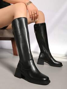 Fall/Winter Square Toe Chunky Heel Solid Color Elastic Slim Over-The-Knee Boots - Black - View 7
