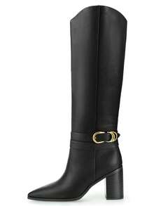 Women's Long Boots Round Toe Side Zipper Chunky Heel Keen High Boots Elegant Wedding Riding Party Boots - 黑色 - 查看 6