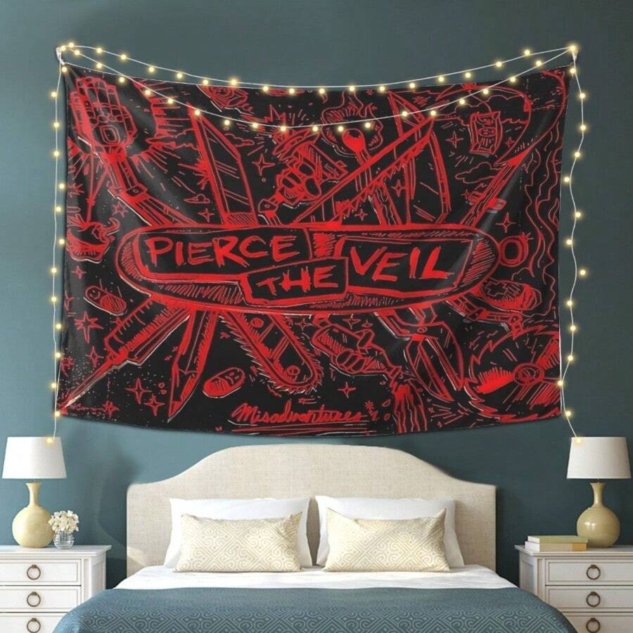 Pi1erce The Ve1il Misadventures Tapestry - Vibrant Red & Black Psy1chedelic Design, Soft Polyester Knit Fabric, Perfect For Living Room, Bedroom, Office Wall Decor, Ideal Gift For Festivals & Parties, Festival Decor | Edgy Wall Art | Soft Texture, Tapestry Wall Hangin - 彩色 - 查看 1