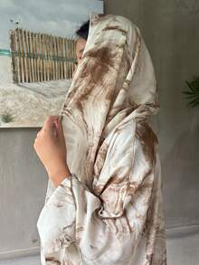 两件套优雅简约水墨花卉图案长袍配头巾，休闲开衫外套，适合度假、居家、海滩、派对等场合，春假出行。 - 棕色 - 查看 5