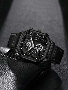 1PC|Men Fashionable And Handsome Quartz Watch, Square Dial, PU Leather Strap, With Calendar. Suitable For Daily Wear, Wear It At Work. A Gift For Boyfriend. (This Box Is Just A Display)