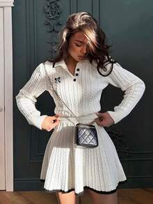 2pcs Women's Butterfly Embroidered Long Sleeve Polo Sweater And Knit Midi Skirt Set, Streetwear, Teacher Outfits, Suitable For Winter, Thanksgiving, Fall, Back To School, Party