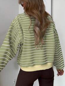 女士休闲黑白条纹长袖卫衣，舒适简约风格，适合秋冬季穿着 - 橄欖綠 - 查看 3