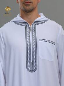 AL HARAMAIN HARAMAIN 男士刺绣设计连帽摩洛哥风格长袍，长袖阿拉伯祈祷长袍，畅销连帽白色男士阿拉伯长袍，男士优雅阿拉伯长袍 - 柔软长袖祈祷服，可机洗，适合所有季节和宗教场合 | 圆领设计 | 光滑质地 | 男士正装男士传统阿拉伯长袍摩洛哥连帽款式 - 白色 - 查看 8