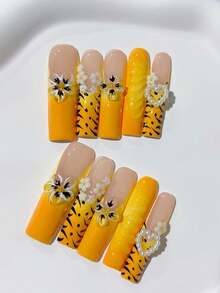 10pcs Y2K Fall Extra Long Coffin Yellow Leopard French Handmade Press On Nails, With 3D Extended Flowers, White Pearl Decoration; Elegant & Simple; Nail Supplies, Homemade Nails, DIY Press On Nails, Nail Art, Acrylic False Nails; Suitable For Party, Daily Wear, Wedding; Great Gift For Women & Girls; Includes 1Sheet Jelly Glue & 1pc Mini File - Yellow - View 2