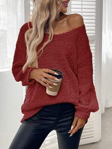 Plus Size Solid Color Crew Neck Casual Long Sleeve Knit Sweater - Burgundy - View 6