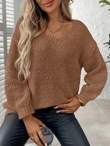 Plus Size Solid Color Crew Neck Casual Long Sleeve Knit Sweater - Brown - View 7