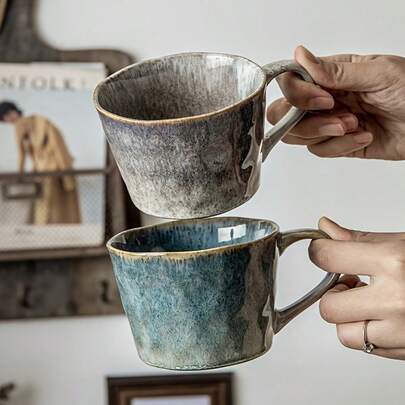 2pcs Kiln-Fired Ripple Couple Mugs - 11.83oz Gray-Blue Ombre Ceramic Large Coffee Cups, Wedding Gift & Home Use