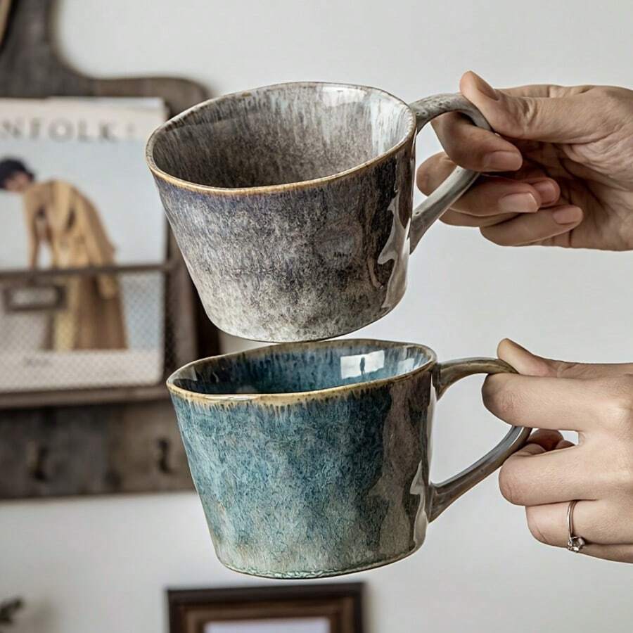 2pcs Kiln-Fired Ripple Couple Mugs - 11.83oz Gray-Blue Ombre Ceramic Large Coffee Cups, Wedding Gift & Home Use - Multicolor - View 1