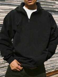 Men's Stand Collar Sweatshirt, Casual Loose Pullover Jacket With Half Zipper, For Adults, Autumn/Winter, Long Sleeve Top - Black - View 1