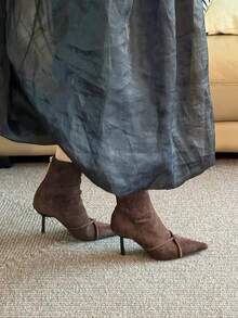 2025 Autumn/Winter New European & American Pointed Toe High Heel Ankle Boots, Slim Fit Patchwork Ankle Boots, Retro Brown Ankle Boots, Kitten Heels - Brown - View 6