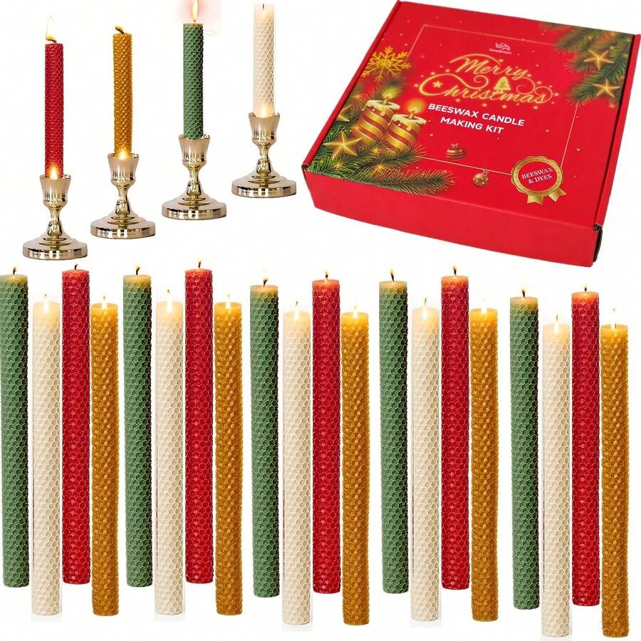 Beeswax Candle Set Handmade, 20 Pcs Slightly Narrow | Christmas Candles | Honeycomb Texture | Bees Wax Candles Gift Set With Christmas Decorative Gift Box | Premium, Dinner Home Decor Christmas Decorations Room Decor, Christmas Gifts