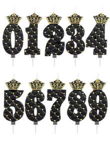 1 pieza Vela con numeral en forma de corona negra y dorada, textura de rombo, ambiente elegante, decoración para pastel de fiesta de cumpleaños de hombre, tema de reina - Negro - Ver 1