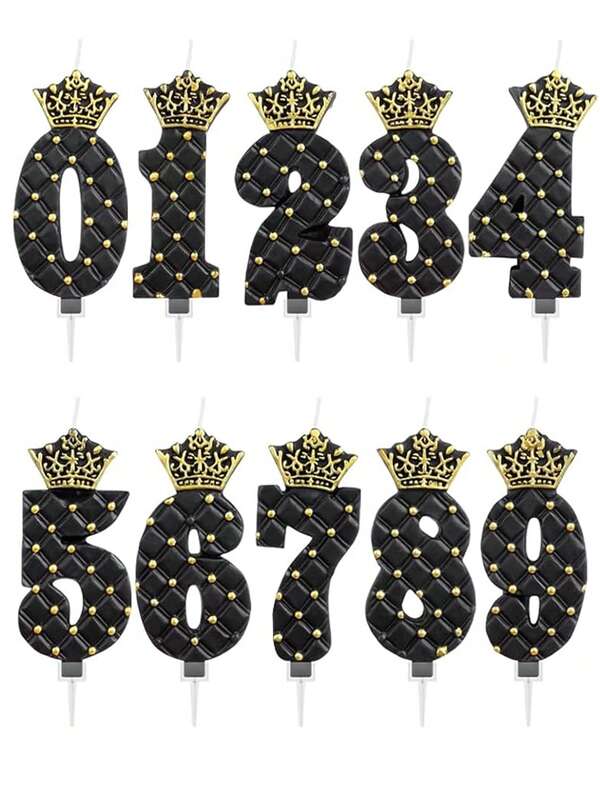 1 pieza Vela con numeral en forma de corona negra y dorada, textura de rombo, ambiente elegante, decoración para pastel de fiesta de cumpleaños de hombre, tema de reina