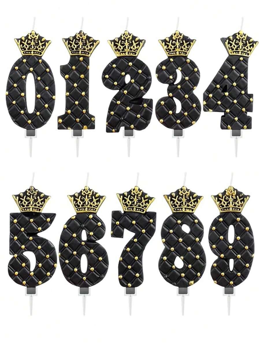1 pieza Vela con numeral en forma de corona negra y dorada, textura de rombo, ambiente elegante, decoración para pastel de fiesta de cumpleaños de hombre, tema de reina - Negro - Ver 1