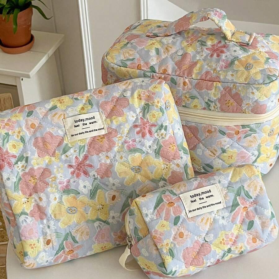 Bolsa de maquillaje con estampado de flores y animales de dibujos animados, de tela suave, de gran capacidad y portátil, con cierre de cremallera, elegante y hermosa para mujeres, para necesidades diarias y viajes - Multicolor - Ver 1