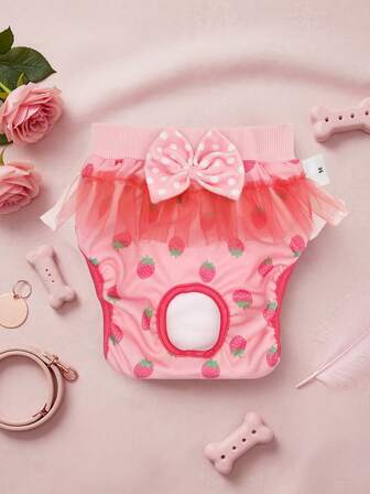 1 pieza Pañal de perro reutilizable y lavable con diseño de lazo y banda elástica, estilo lindo de fresa para perras y cachorros